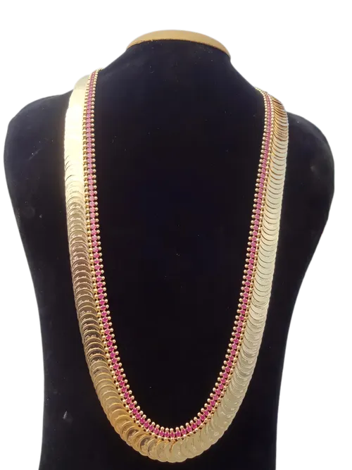 Farming Gold Plated kasu mala Long Temple Coin carved with lexmi devi Traditional Fashion pink stone Jewellery Haram necklace For Women and Girls